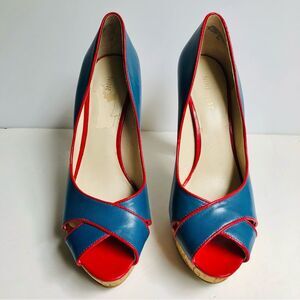 NINE WEST WOMEN'S SHOES SIZE 8 M LEATHER BLUE/RED PEEP TOE CORK HEELS COLOURCODE